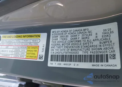 2026 Honda Civic Sport from USA, damaged, VIN 2HGFE2F58TH505053